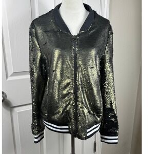 Dolce Cabo Women's‎ M Sequin Bomber Jacket Black Gold Embellished
